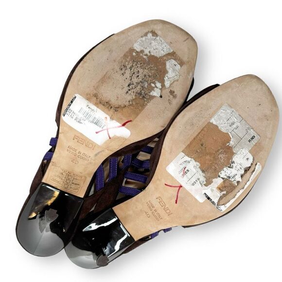 Fendi Sandalo Mix Elastico + Fuoco Art Brown Suede Open Toe Heels Women’s Siz 40 - Picture 8 of 10